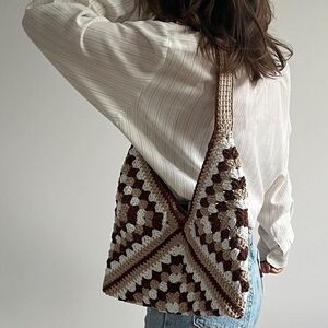 Handcrafted Crochet Patterned Bag - Brown and Cream